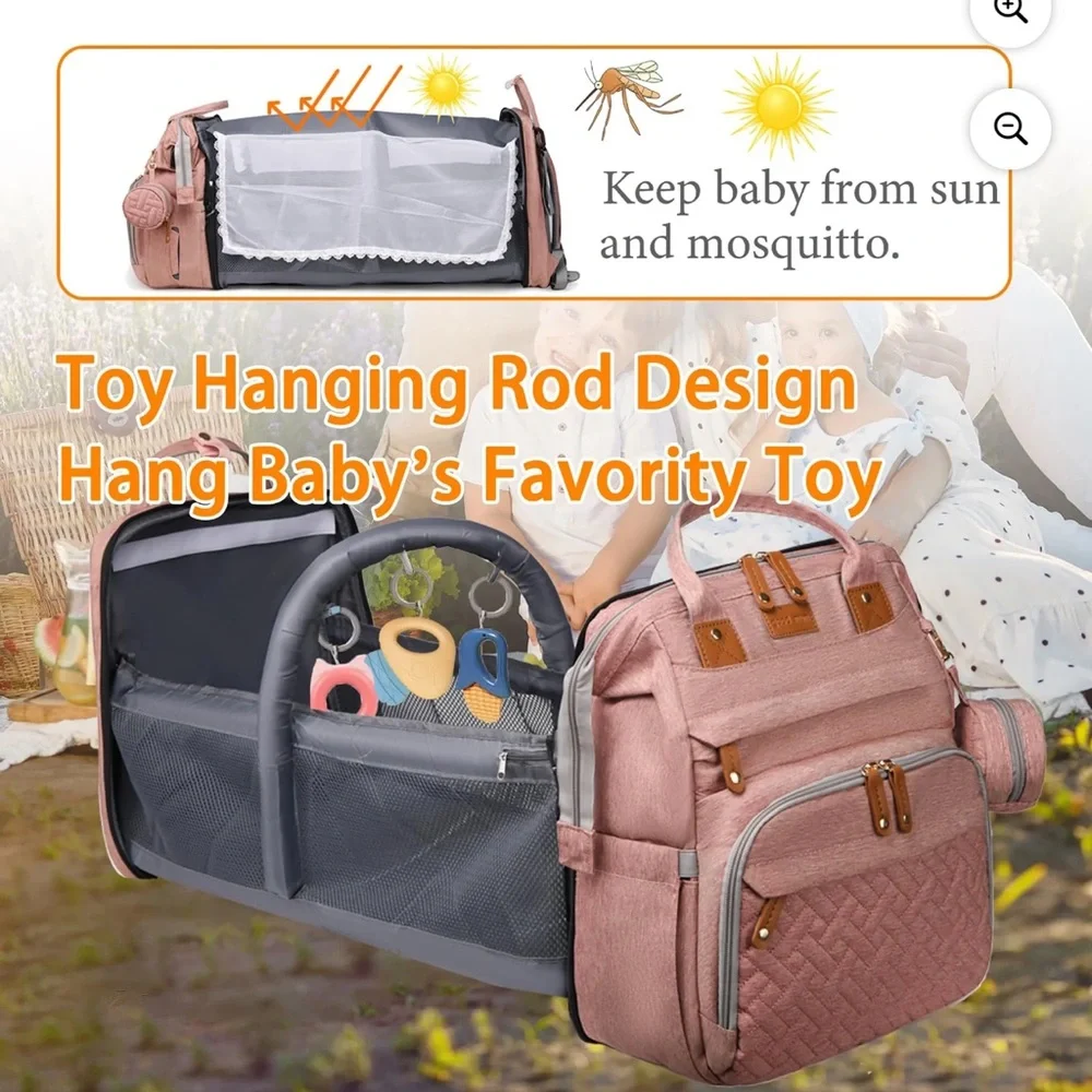Pink Diaper Bag Backpack with Foldable Crib